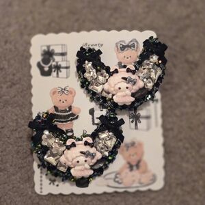Cute Black and Pink Bear Hair Clip Set